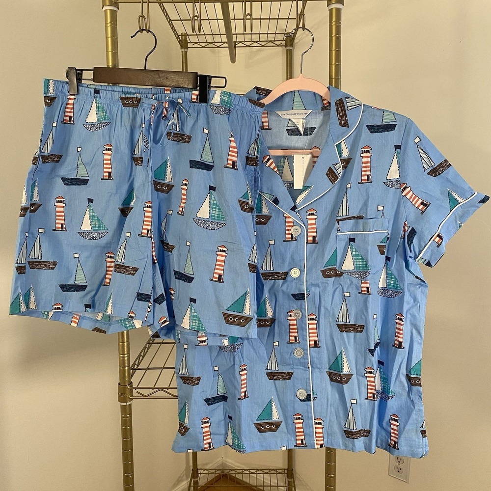The Company Store Womens Lighthouse Sailboats 100% Cotton Pajama Set Shorts L